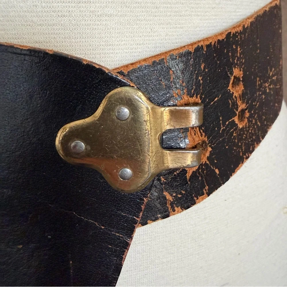 Vintage Handmade Calder NYC Wide Black Leather Waist Belt Brass Closure Boho